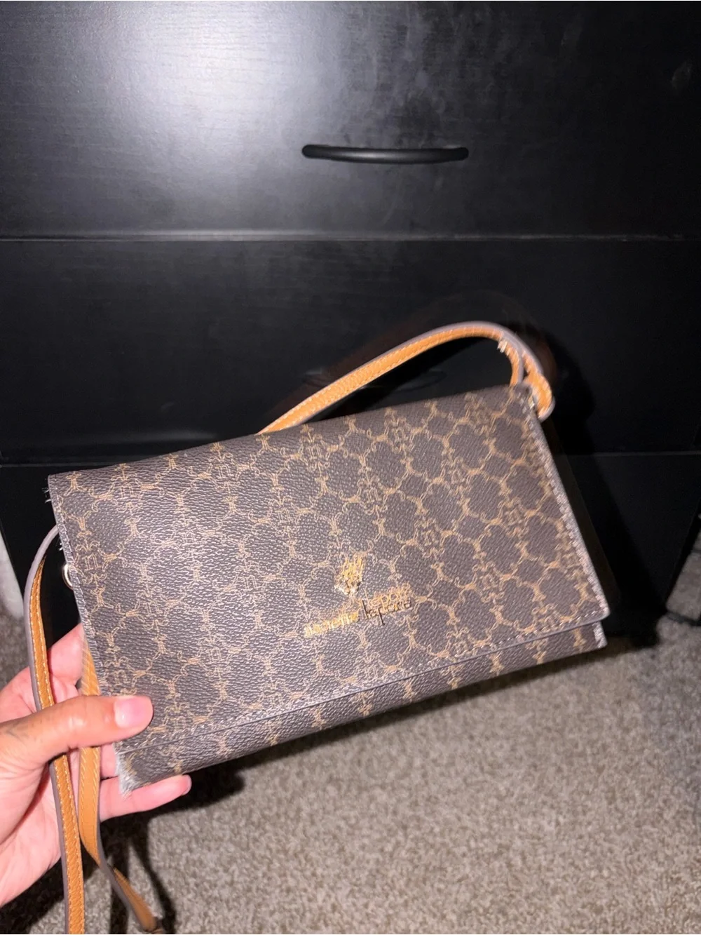 Nanette Lepore Brown Patterned Crossbody Wallet with Tan Strap